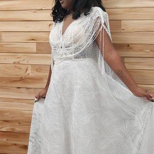 Unique Aline Short Cap Sleeves Back Tassel Wedding Dress Bridal Gown V Neckline